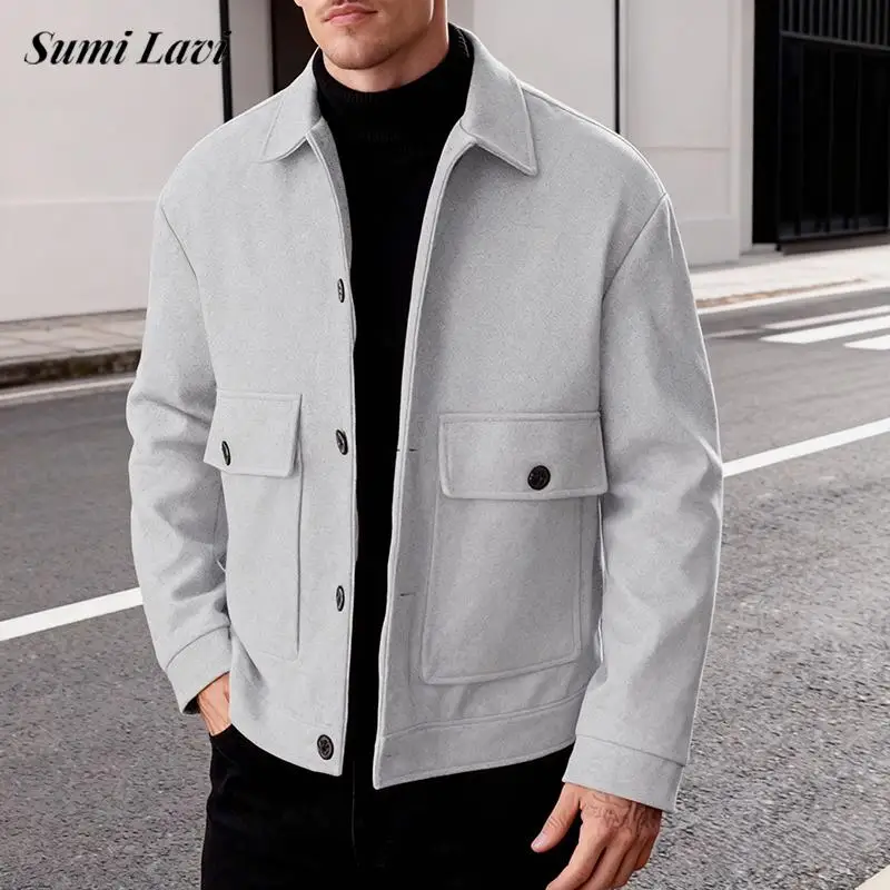 

Daily Casual Woolen Outerwear Men Stylish Turn-down Collar Button-down Cargo Jacket Coat Mens Spring Fall Fashionable Jackets