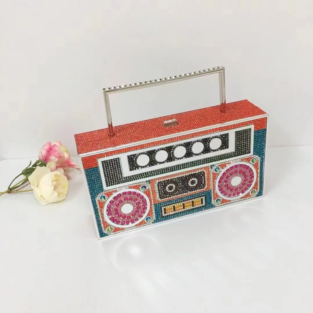 

Сумка для ужина с бриллиантами, ретро-радио, цветная сумка с бриллиантами, форма игрока, сумка контрастного цвета, женская большая сумка с цветочным принтом и бисером
