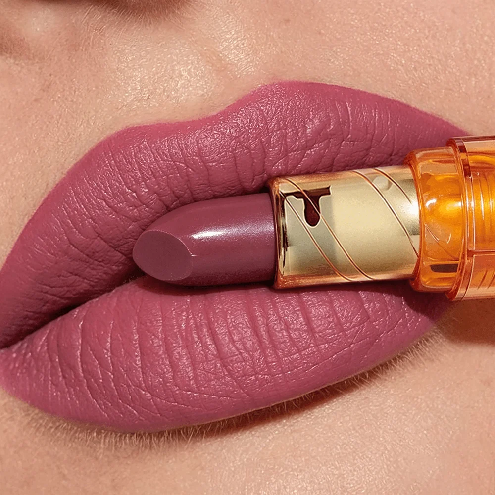 JUJU DREAM Luxury Amber Gold Tube Glossy Lipstick Hydrating Silky Long Lasting Nude Mauve Lip Balm Daily Makeup for Women
