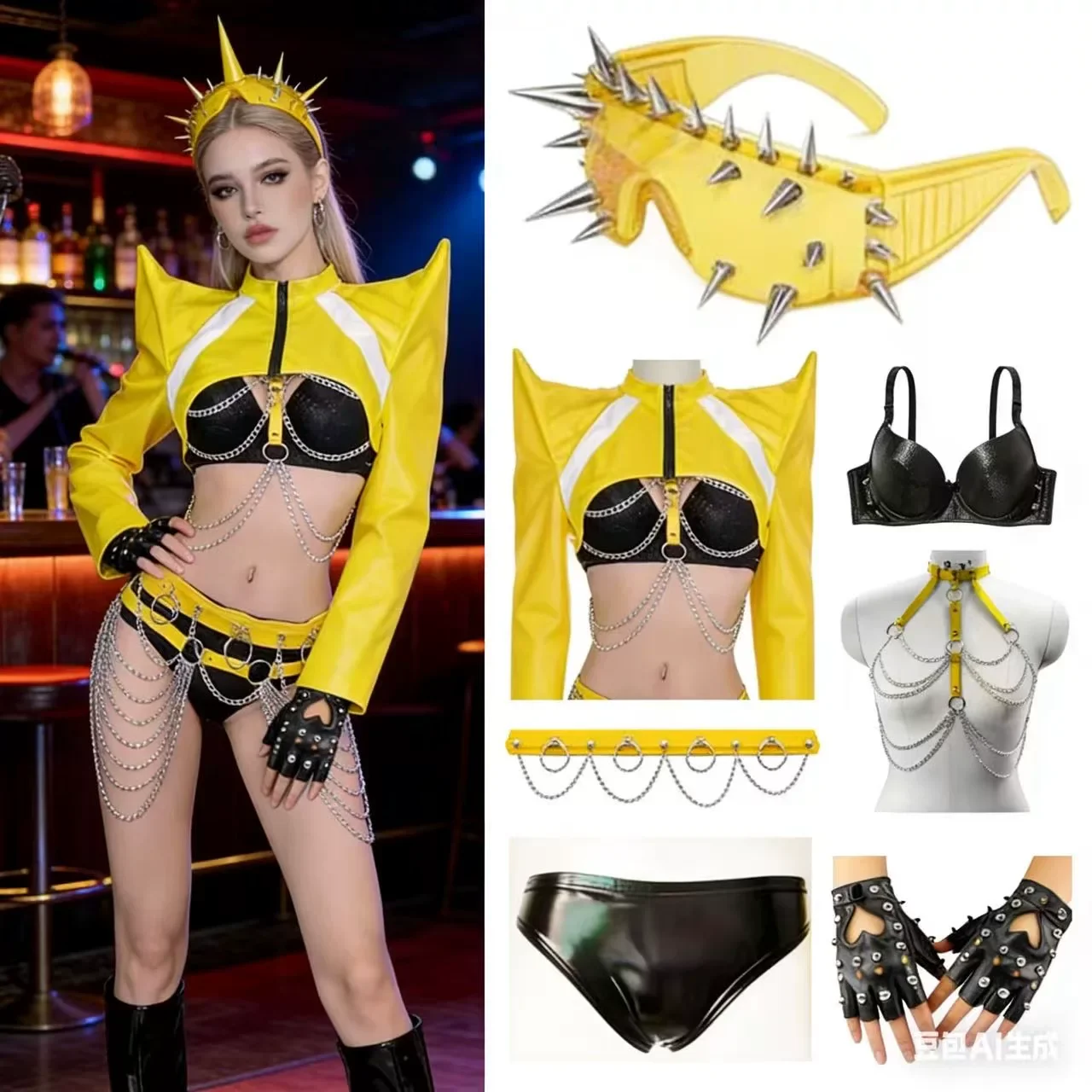 Sexy Girl Group Dance Stage Singer Bar Nightclub GOGO Outfit Shoulder Padded Coat+Rivet Glass+Chest/Waist Chain+Glove+Bikini Set