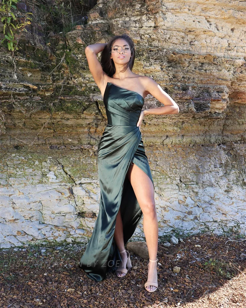 Sexy Green Long Prom Dresses Mermaid High Split Strapless Evening Dress Formal Saudi Satin Cocktail Party Gowns Custom Size