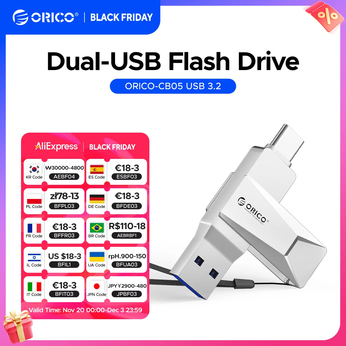 

ORICO USB C Флэш-накопитель Dual USB 3.2 Тип C + USB A Портативный флэш-накопитель Type-C 2-в-1 USB-C для большого пальца