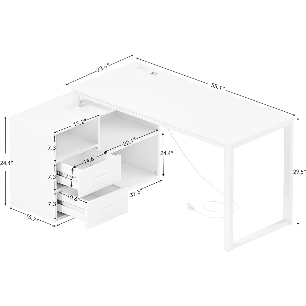 L Shaped Desk with Drawers & Shelves, 55'' Corner Computer Desk, Power Outlets, Reversible PC Table, Storage File Cabinet