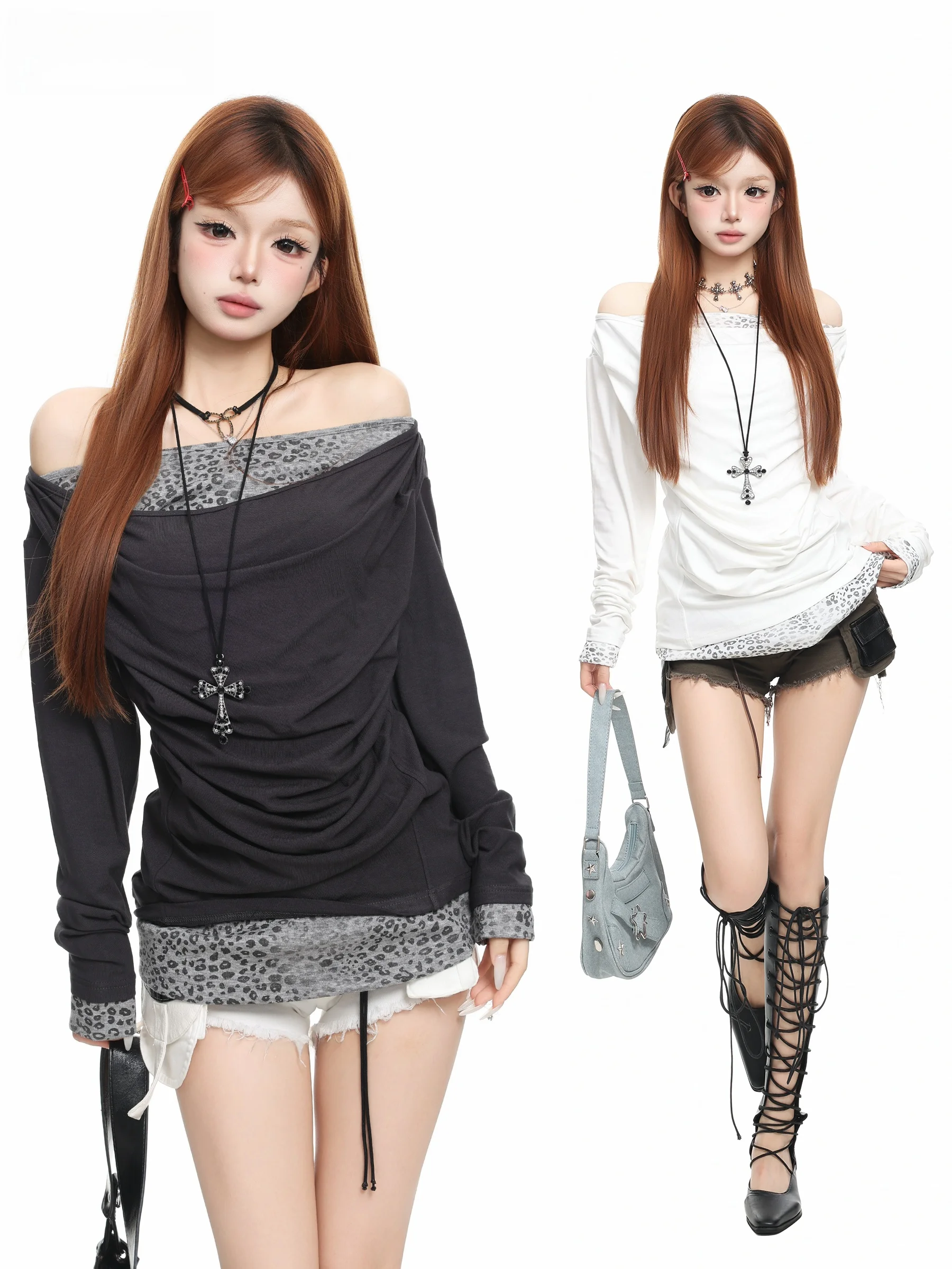BASTERDS American Leopard Print Long Sleeve T-Shirt Women's Autumn Pleated Slimming Waist Show Shoulder Top Sexy Girl Style U...