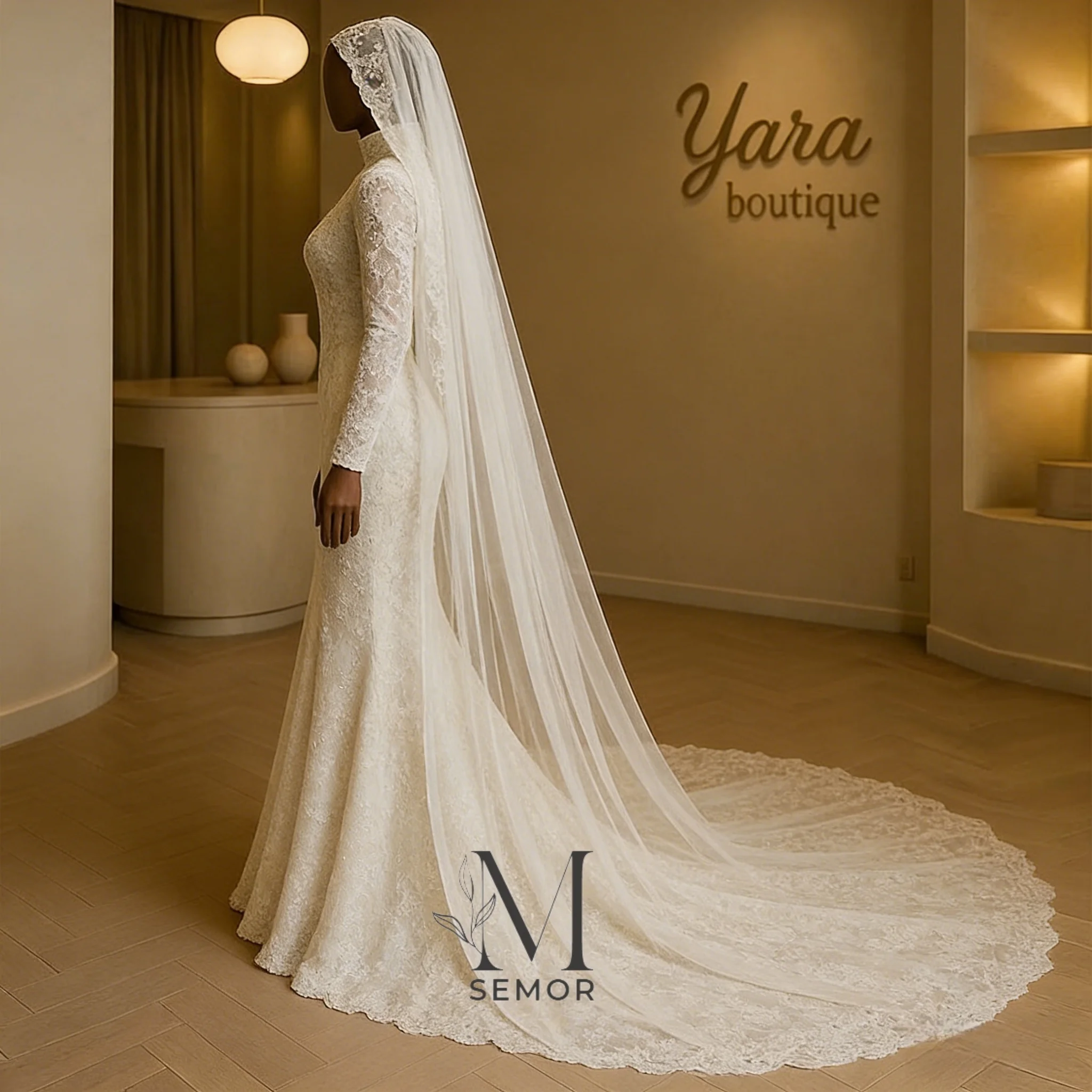 Semor Elegant Muslim Lace Appliques Wedding Dress Sweep Train 2026 Full Sleeve Charming Trumpet Long Bridal Gown Customized