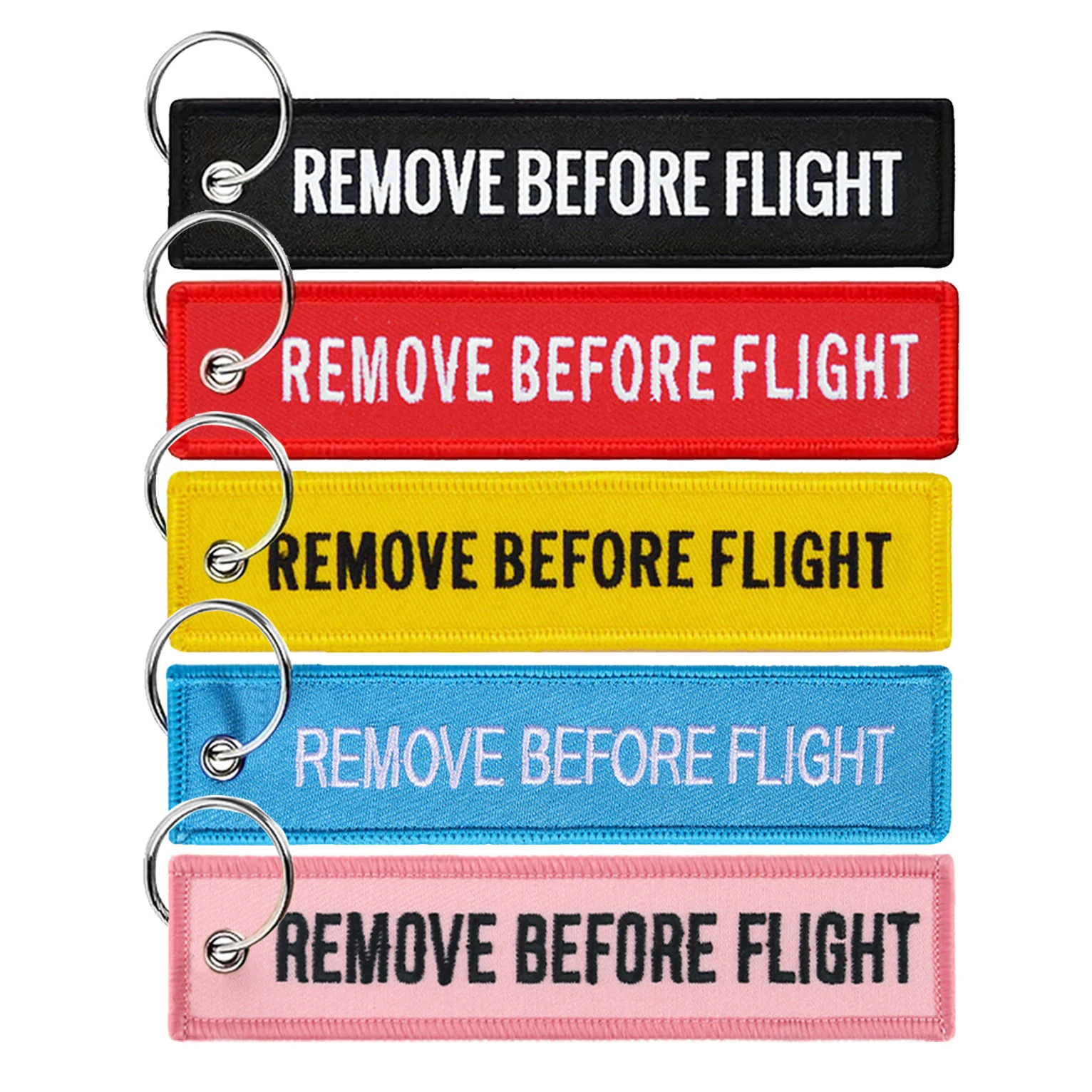 5Pcs Remove Before Flight Tags Keychain Keyring Rectangle Polyester Embroidery Message Multicolor