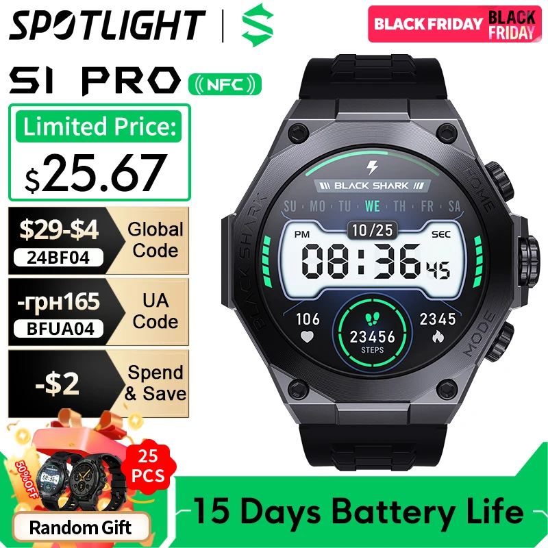 Global Version Black Shark S1 Pro Smartwatch 1.43'' AMOLED Display100+ Sport Modes 15 Days Battery Life Bluetooth Call