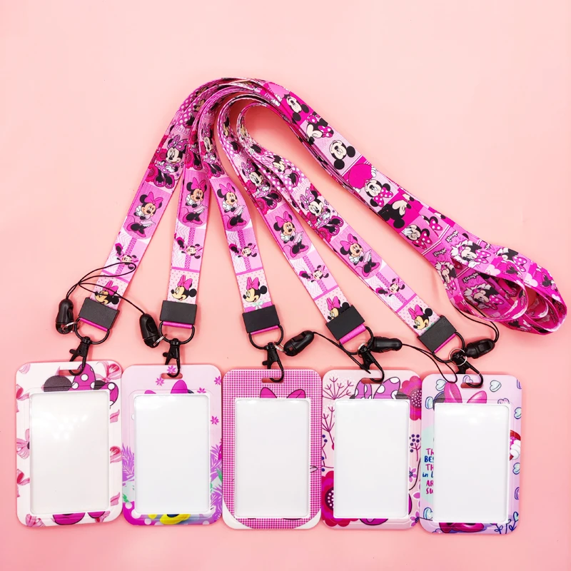 Disney Pink Lanyard ID Badge Holder Mickey Credit Card Case Neck Strap Minnie Card Holders Girl Credentials Accessories Keychain