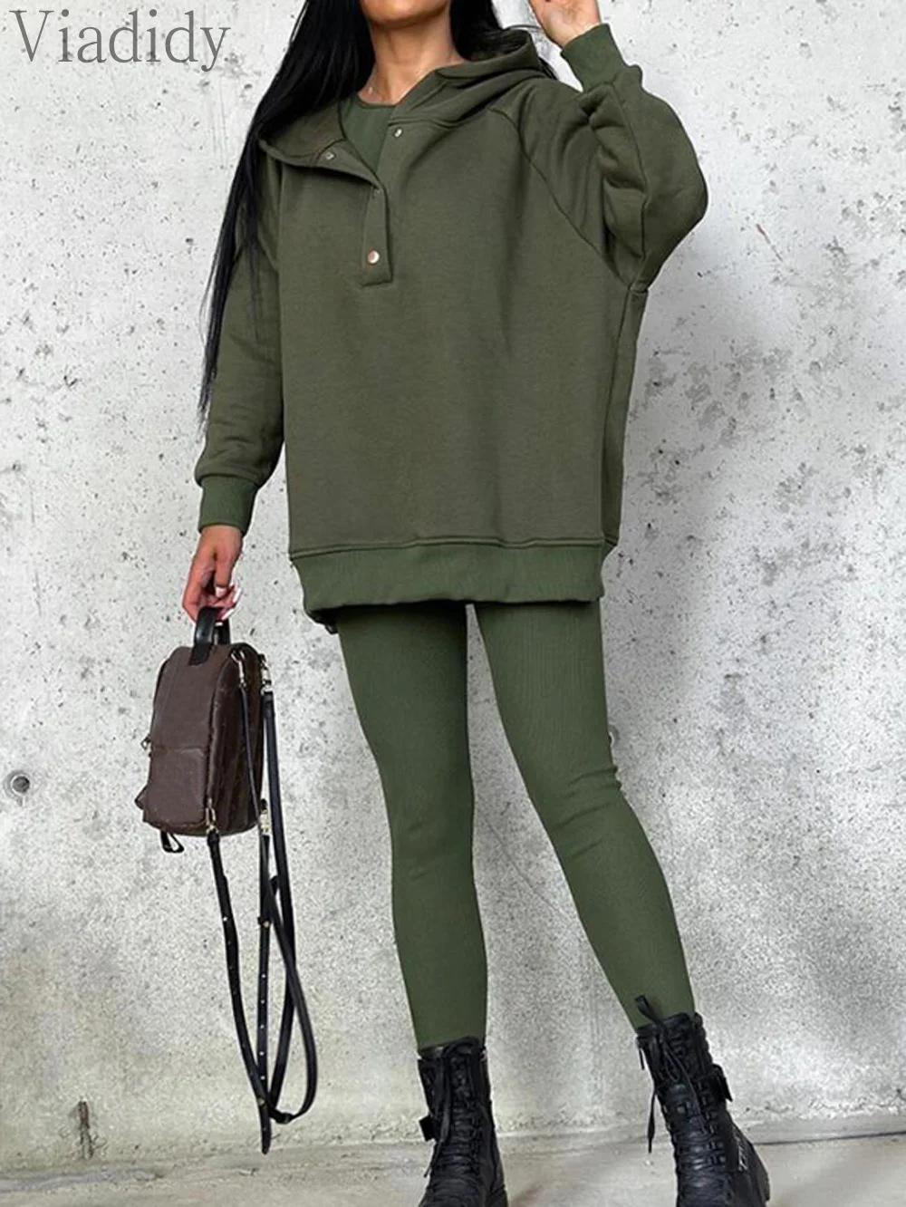 Women Casual Solid Color 3pcs Set Solid Color O-neck Tank Top and Pants With Long Sleeve Hooded Coat