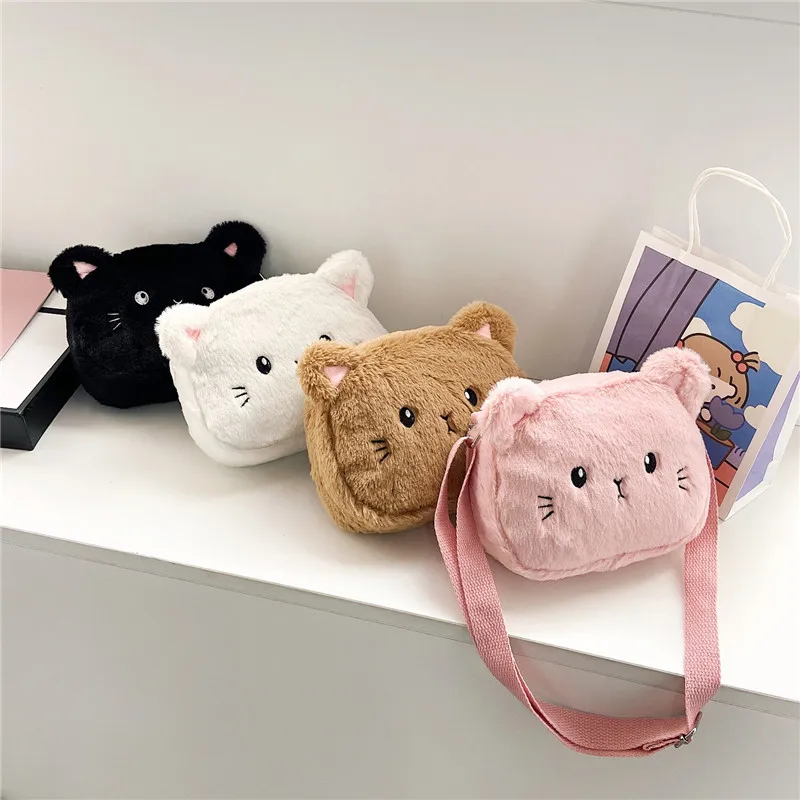 Autumn Winter New Kids Plush Crossbody Shoulder Bag, Cute Cat Fluffy Mini Coin Purse Fashion Accessories for Little Girls