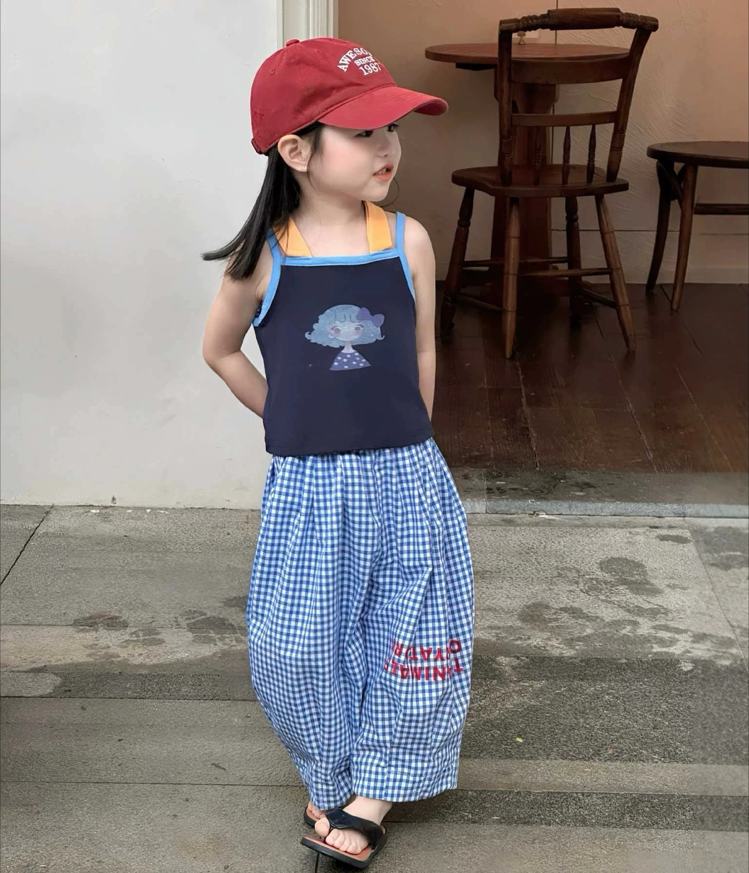 Korean Girls Summer Navy Blue Contrasting Girl Suspender Top Casual Checkered Lantern Pants Loose Mosquito Proof Pants