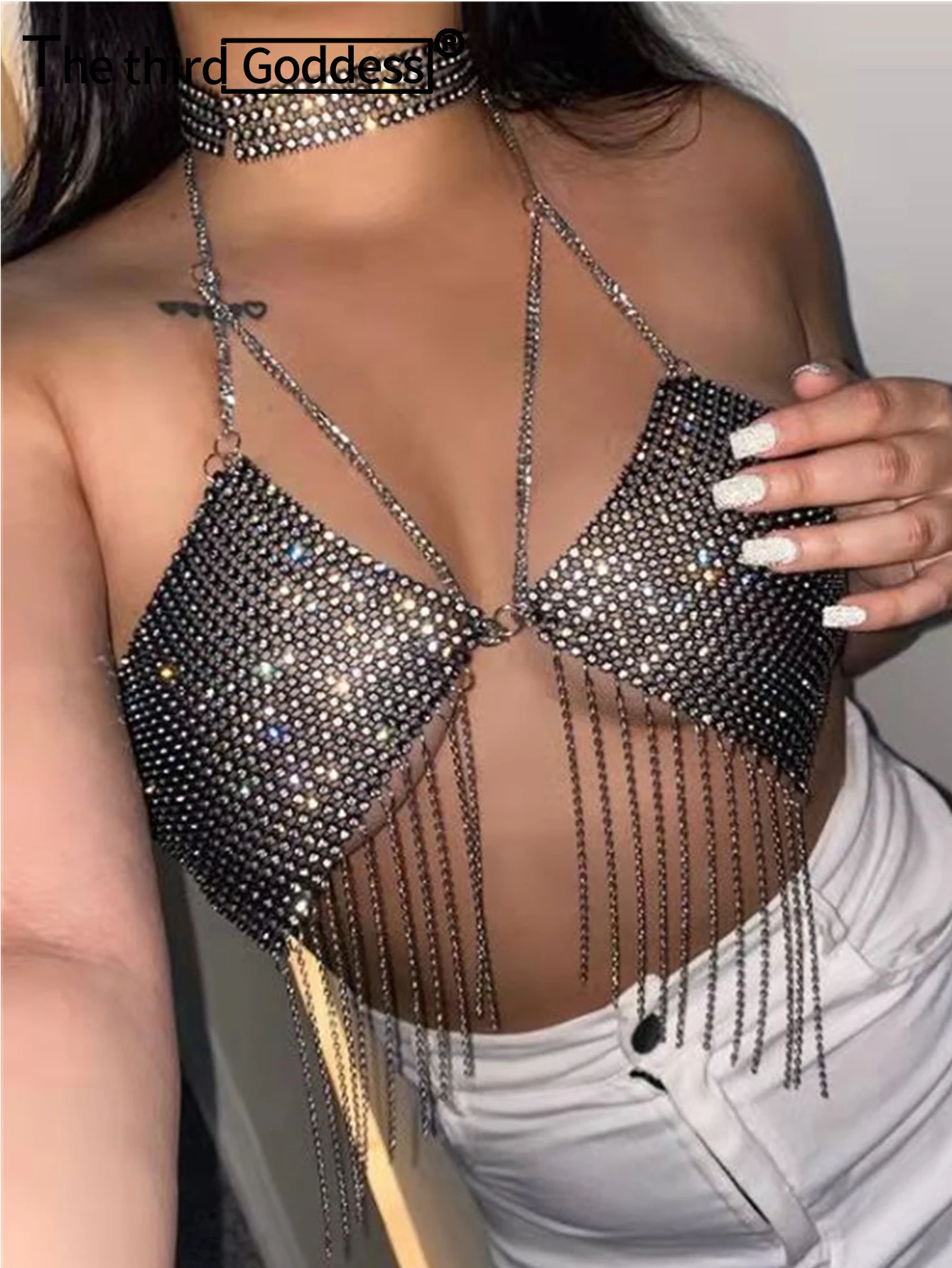 Sexy halter metal strass corsetto Crop top donna estate 2024 festival abbigliamento beach Club party fishnet top donna canotte