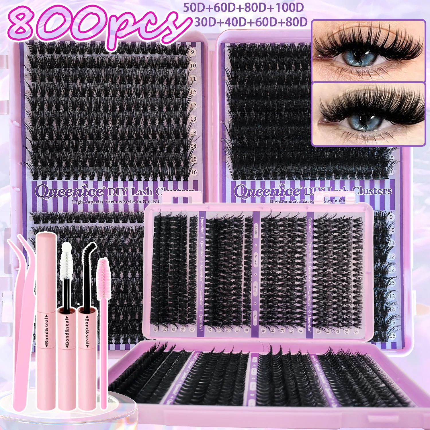 QUEENICE Lashes Cluster DIY Lash Extension Mixed Tray Clusters Eyelashes Fluffy Individual Lashes Cat Eye Lash Extension