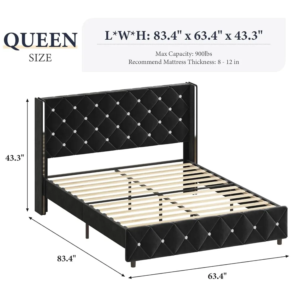 Queen Size Bed Frame, Upholstered Bed Frame with Diamond Tufted Headboard, Modern Silverside Wingback, Customized