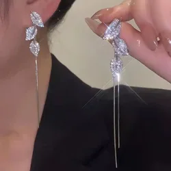Boucles d'oreilles à pampilles longues en argent 925 pour femmes, boucles d'oreilles pendantes, cuir chevelu en cristal, deux vêtements, tendance, nickel é, nouveau, 2023