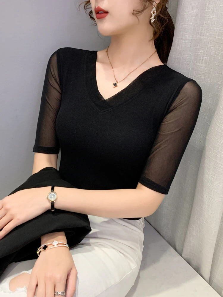 Women's Slim Fit Mesh T-Shirt V-Neck Half Sleeve Spring Autumn Casual Style Breathable Wear Resistant Classic Pattern Base Shirt