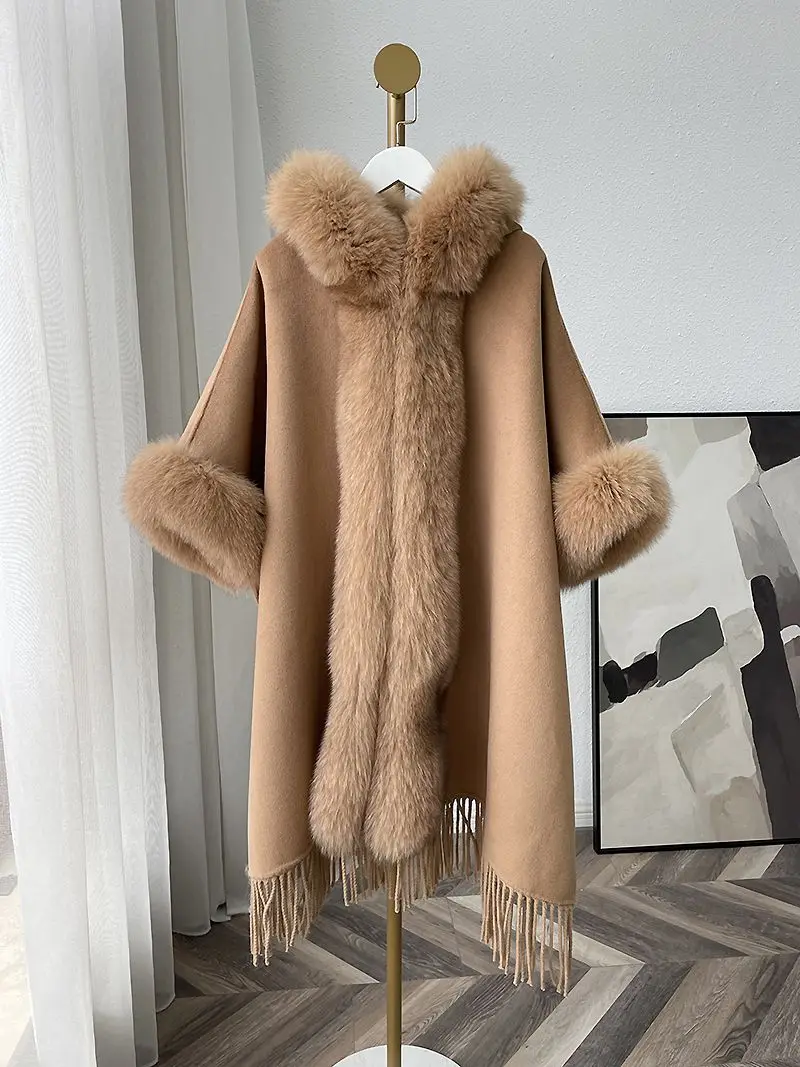 Elegant Fur Cape Women Winter Clothing Thick Warm Poncho Female Fashionable Cardigan Shawl Cloak Loose Fit Mid-length Coats T68