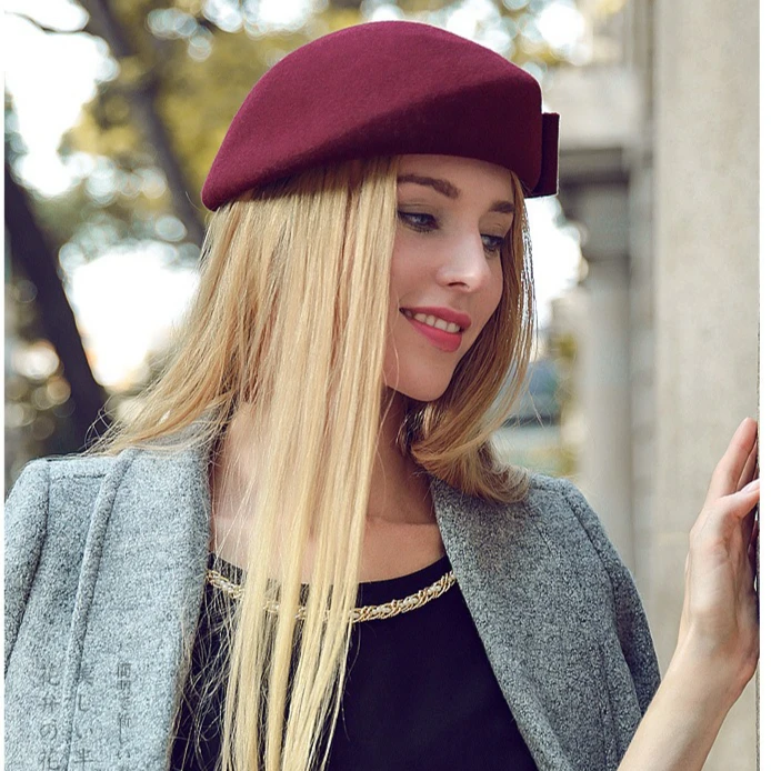 Women Wool Beret Bowknot Audrey Hepburn Hat Autumn Winter Elegant Flight Attendant Pillbox Hat Warm Ladies French Artist Cap