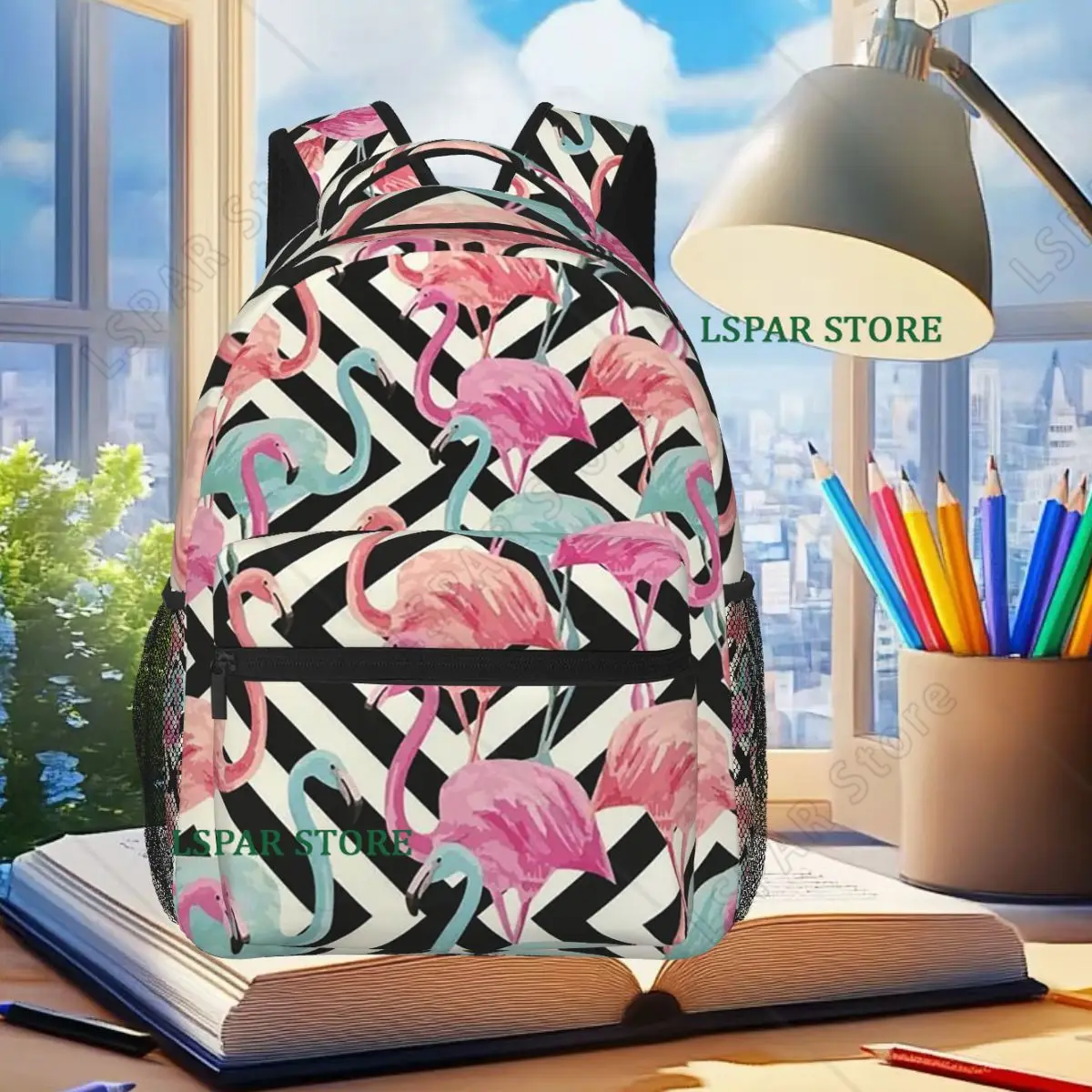 

Black Striped And Cartoon Flamingo Backpack Student Boys Girls BookBag Children School Bag Computer Shoulder Bags for Men Women