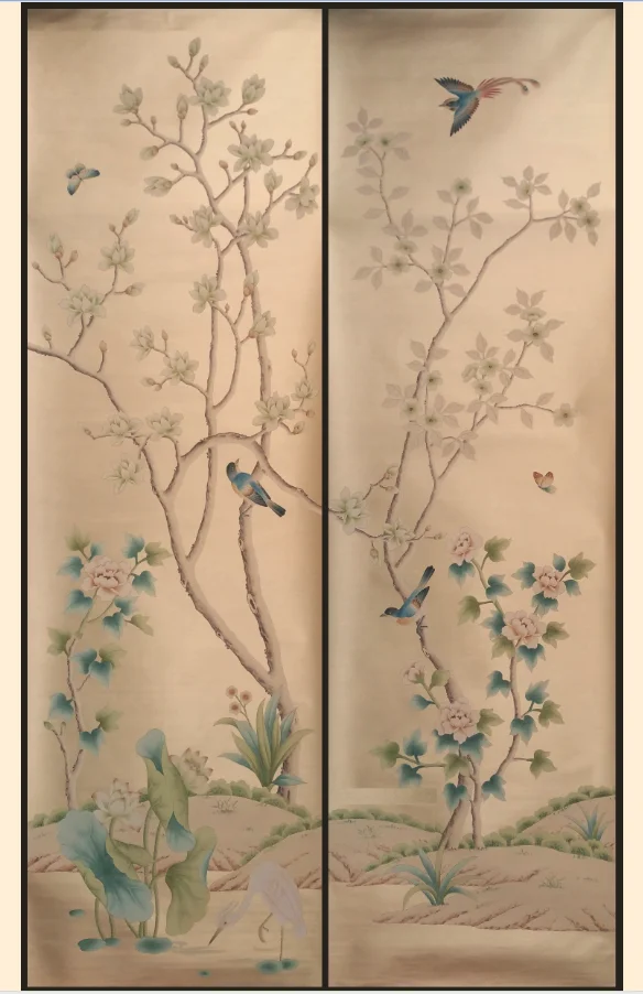 

Chinoiserie Hand-Painted gold/silver powder w/natural silk metallic Wallpaper for Bedroom/Living/Study/Dining Room/Sofa/TV wall