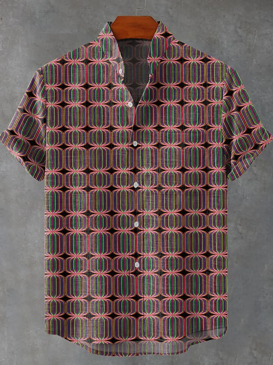 

2025 fashionable 3D printed sun pattern men's summer casual loose linen pocket short sleeved stand up collar large shirt