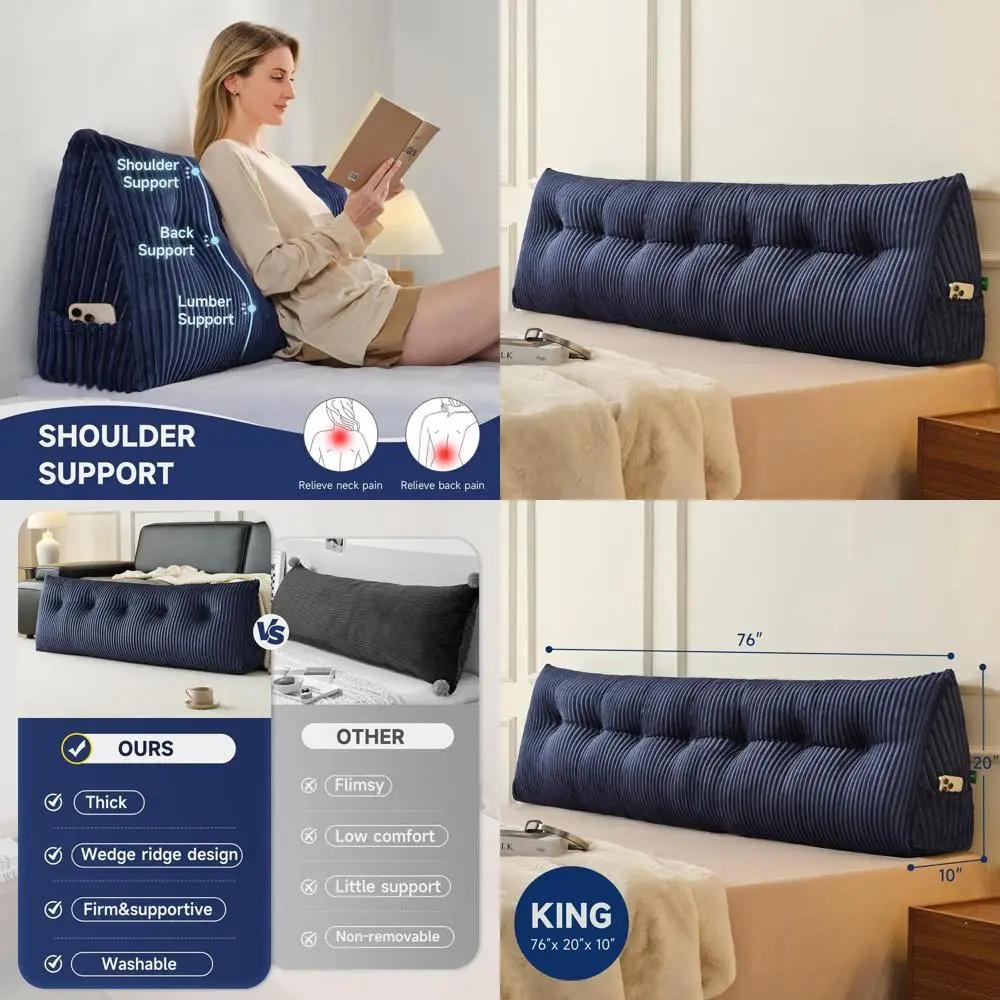 

Эргономичная треугольная подушка на клине для кровати или дивана, синяя, со съемным чехлом и боковым карманом
