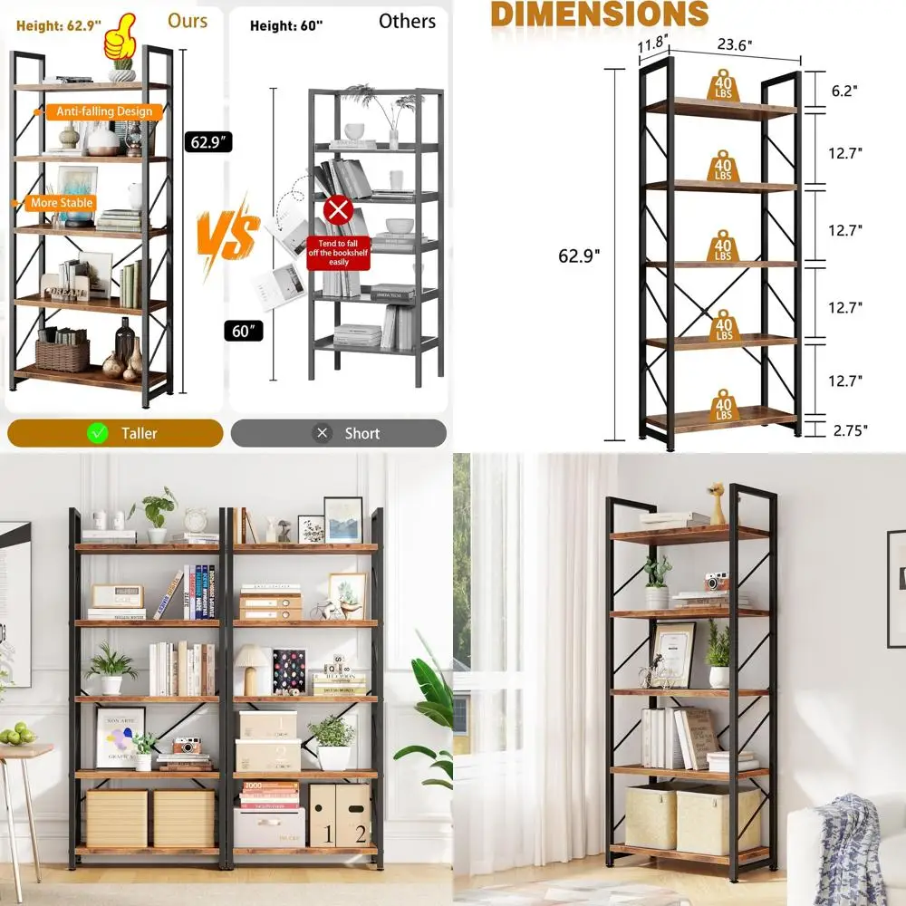 

Rustic Brown 5-Tier Bookshelf - Home Office Storage Organizer for Books, Bedroom, Living Room