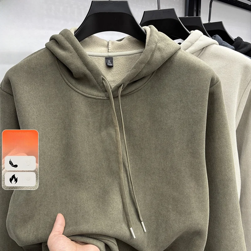

High-End Fce-Lined Hoodie Men's Thiened Autumn Winter Warm Casual Orlon Jaet Stand Fit Long Sve Hooded Sweatirt