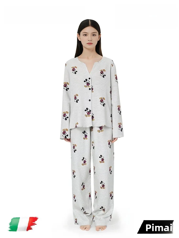 PinkBread Ladies' Spring Autumn Modal Long Sleeve Cartoon Pajamas Home Clothes Set Soft V-neck Loose Fit Straight Leg Pants