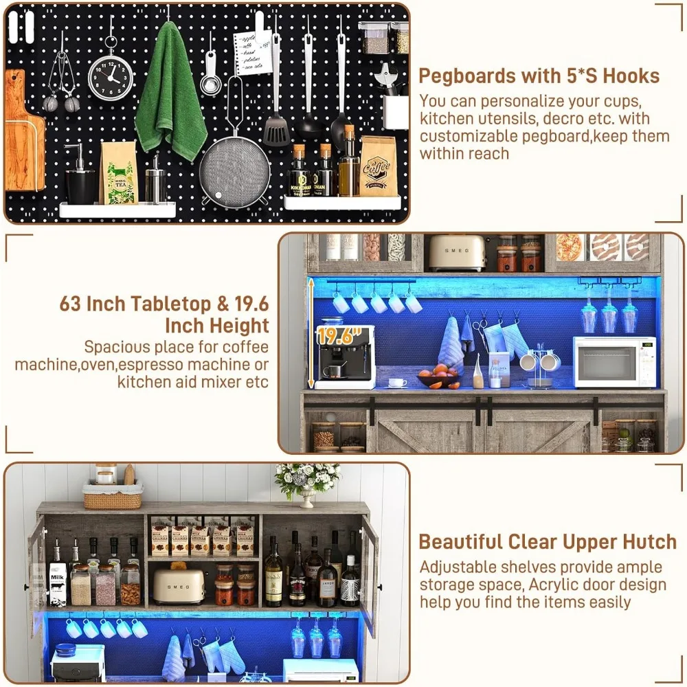 خزانة بار كبيرة على طراز المزرعة مع إضاءة LED 6000 لونًا وباب بيجبورد وباب الحظيرة، 74 طولًا و63 عريضًا