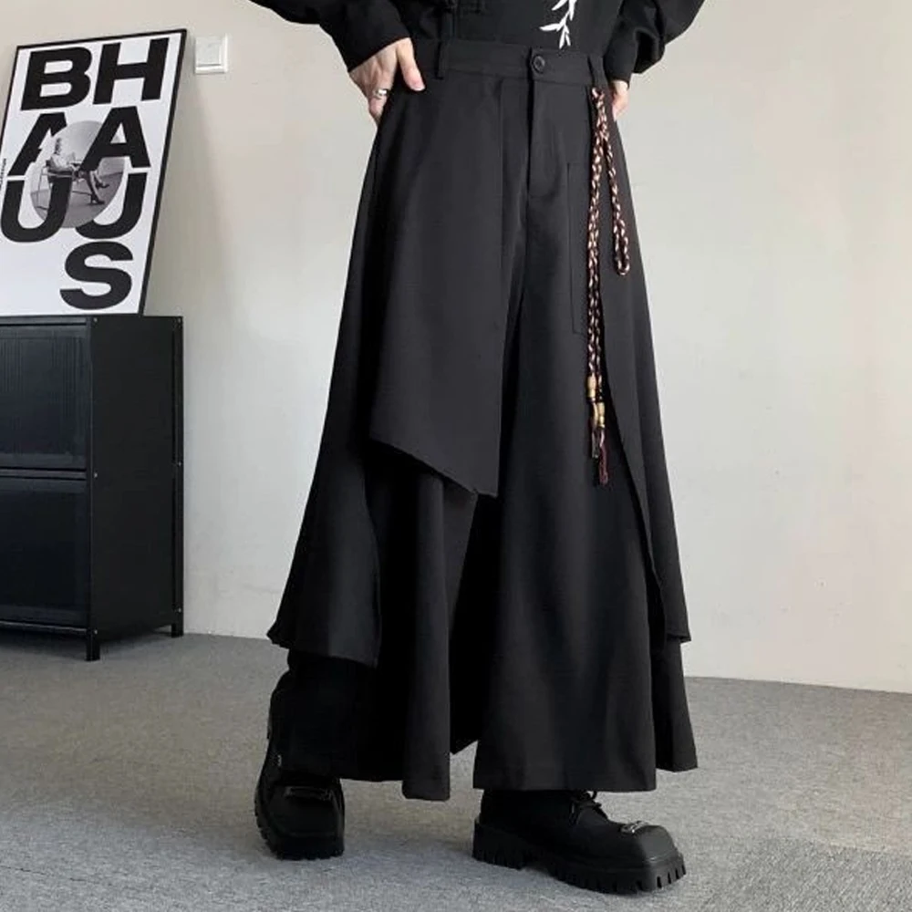 

Мужские черные брюки свободного кроя с бахромой, модные брюки в стиле стритвир с асимметричным многослойным дизайном