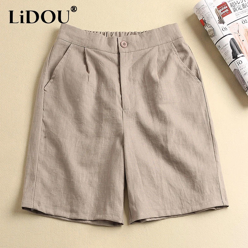 

Summer New Fashion Solid Color High Waist Pockets Knee Length Pants Women Elastic Waist All-match Cotton Hemp Straight Shorts