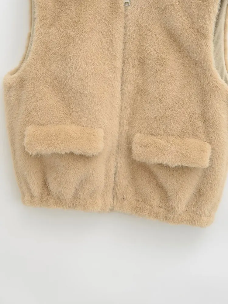 Nlzgmsj 秋冬フェイクファーベスト女性の新ファッションジッパーファーベストコート女性ノースリーブレジャー暖かいアウター