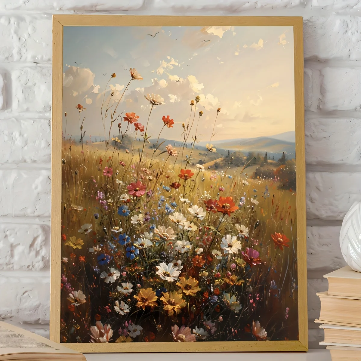 Frameless wildflower field poster, neutral landscape retro painting of spring meadow, birthday gift, living room, bedroom, kitch