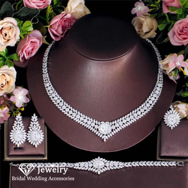 

CC Luxury Jewelry Set Wedding Accessories Women Bijoux Bridal Dress Engagement Necklace Earrings Bracelet Rings 4PCS Sets T0289