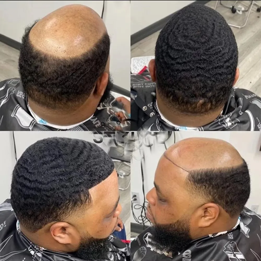10mm/8mm Tiefe Welle Natürlicher Haaransatz Afro Schwarzes Herren-Toupet Echthaar-Prothese Super Langlebige Mono-Spitze PU Herrenperücke Einfach zu Tragen – Detail 4