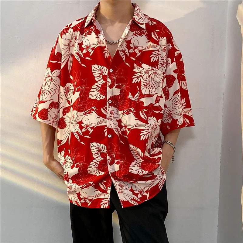 Summer Printing Short Sleeve Shirt Men Fashion Society Mens Dress Shirt Korean Loose Ice Silk Shirts Mens Hawaiian Shirt