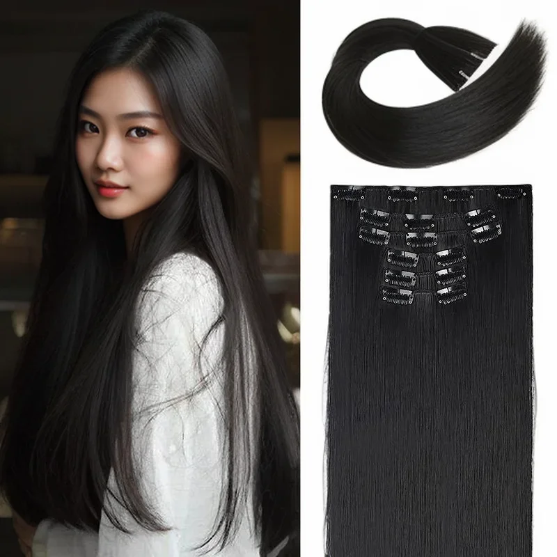 Asian Hair Extensions 24"/60cm 140g 6pcs/set Women Long Straight Synthetic Full Head Clip 16 Clips Ombre Heat Resistant Fiber