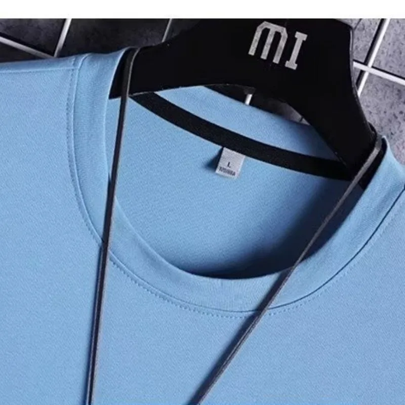 Men\'s 2024 Summer New Ice Silk Thin O-Neck Pocket Patchwork Letter Minimalist Comfortable Loose Versatile Casual Sports Suit