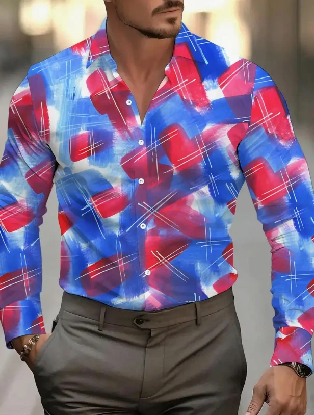 Men's Abstract Digital Print Casual Shirt - Red Blue White Modern Art-Inspired Long Sleeve Button-Up,