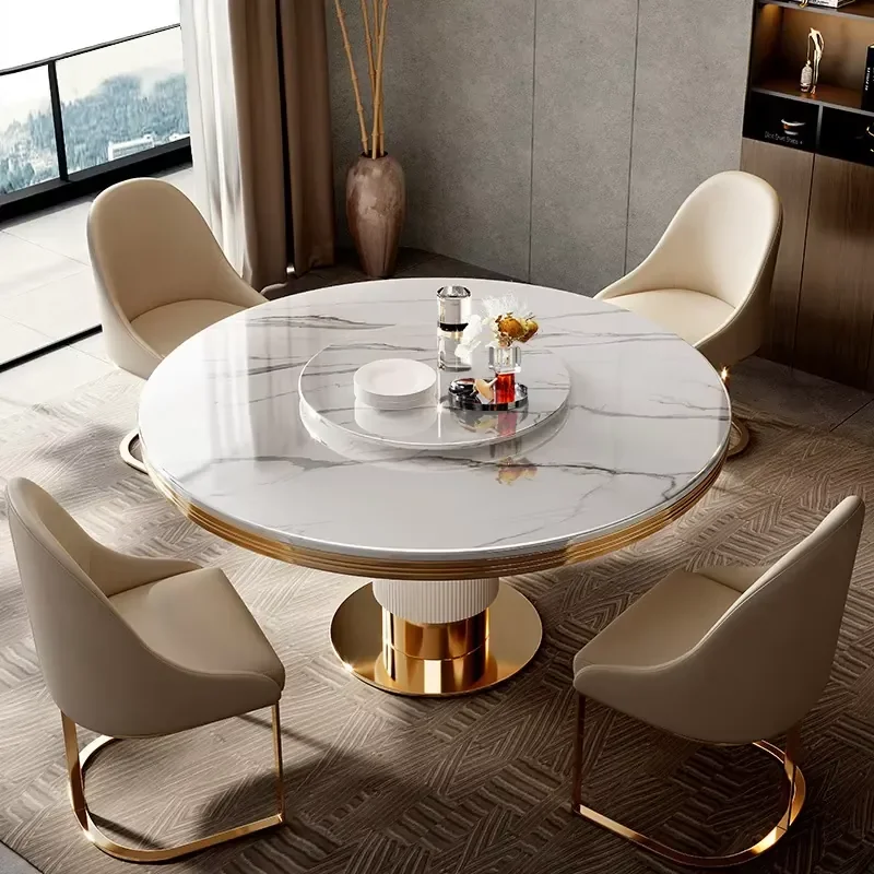 #Slate Round Table Round Marble Craftsmanship Dining Table and Chair Set Modern Home Use Turntable Round Dining Table