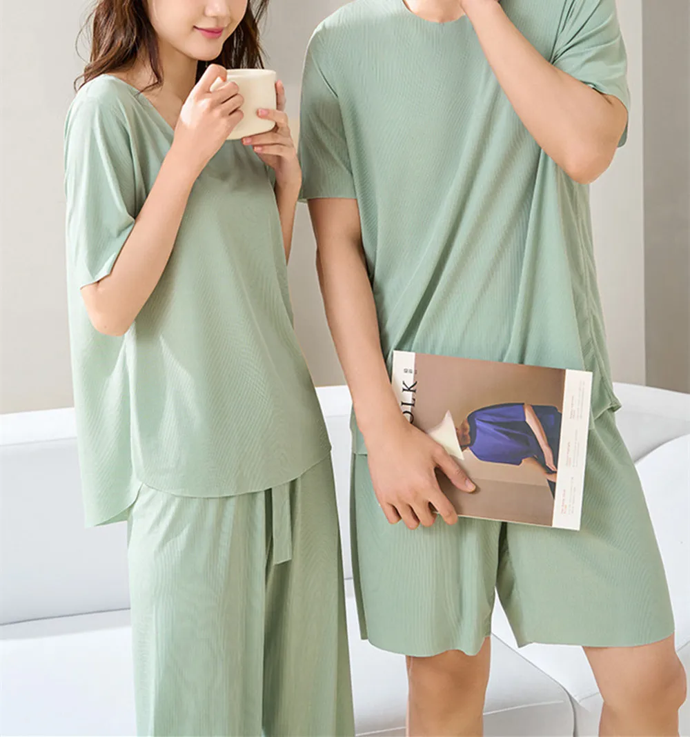 Couple Models Cool Feeling Pajamas Female Summer Ice Silk Thread Thin Section Short-Sleeved Long Pants Can Be Worn Outside Men\'s