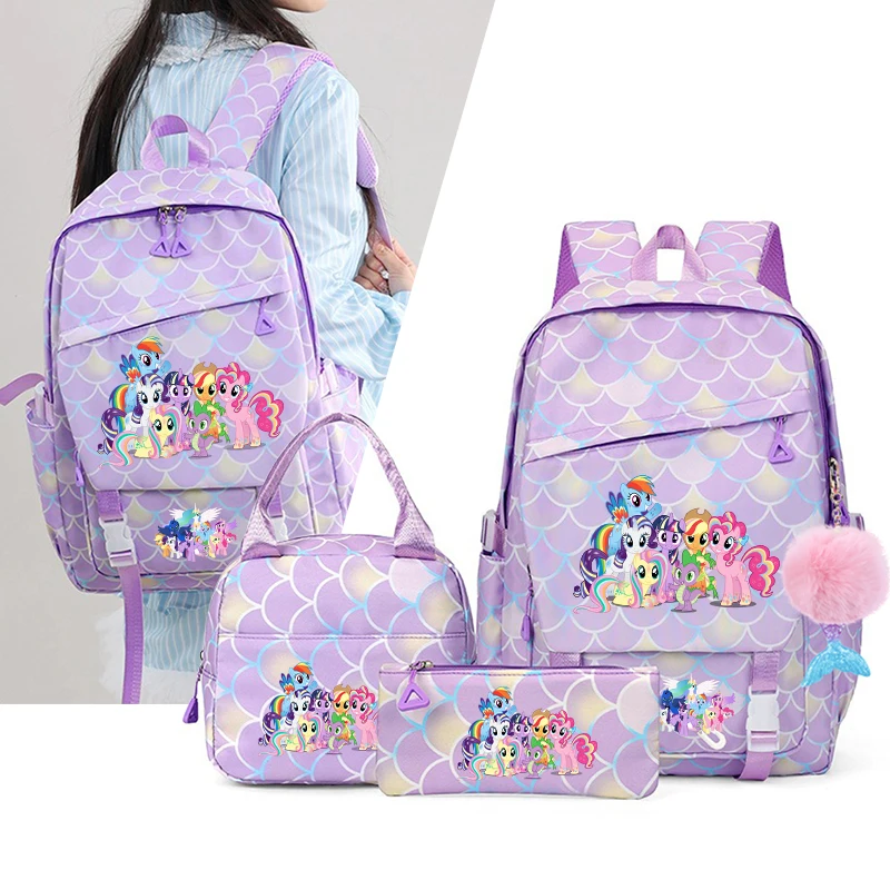 

3Pcs My Little Pony Fish Scale Kids Backpack With Mermaid Pendant Lunch School Bag Children Schoolbag For Girls Backpack set