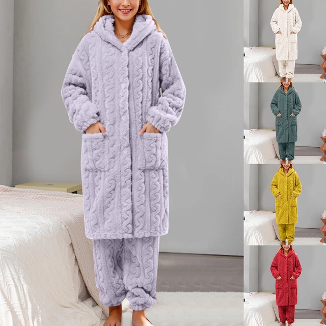 Womens Long Bathrobe And Pants Women Fuzzy Pajama Set Warm Fluffy Long Sleeve Sleepwear Plush Loungewear Thermal Two Piece Sets AliExpress