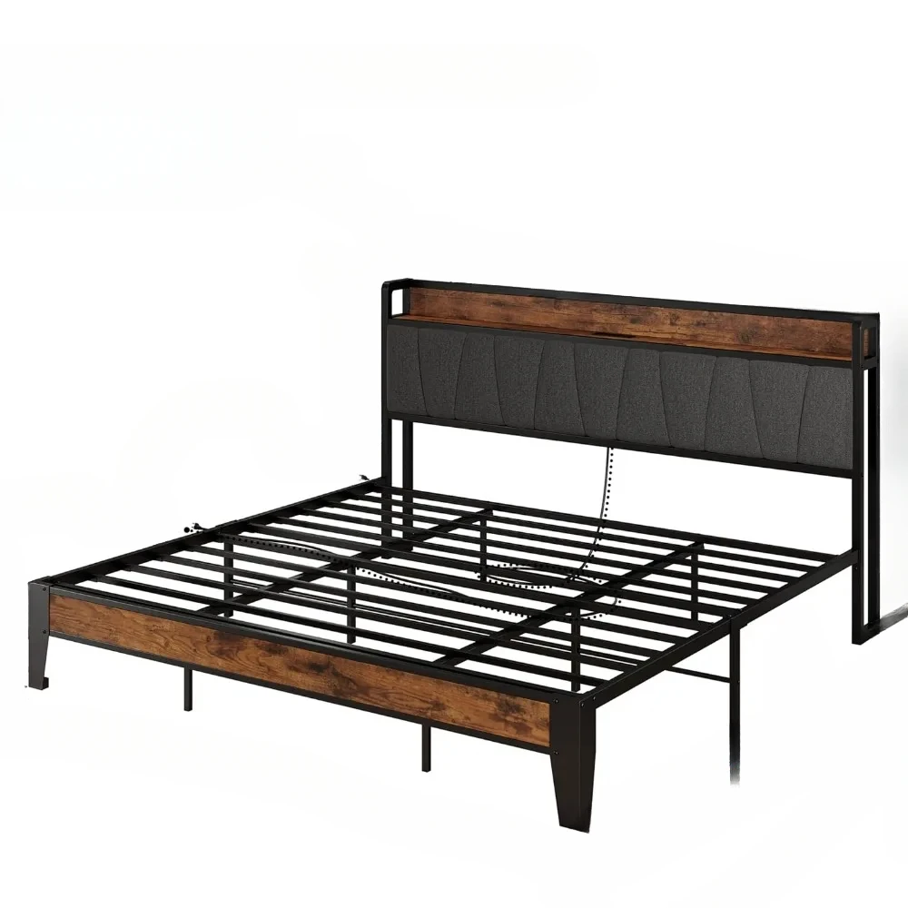 Bed Frames with Storage and Charging Station, Solid and Stable, Noise Free King Size Bed Frames