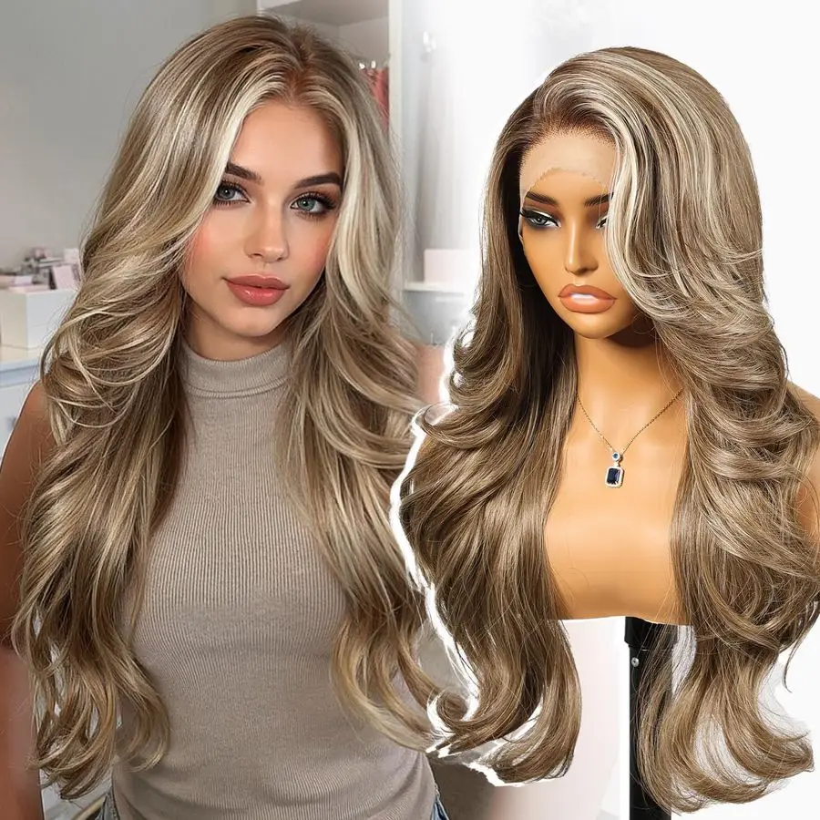 

Brown Highlight Synthetic Lace Front Wig,13x4 HD Lace Layered Wave Glueless Wigs for Women Daily Use 26IN