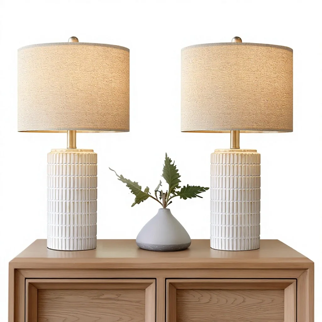 Ambi 23-inch Modern Ceramic Table Lamp Set, 2-piece Set, Beige Lampshade, Living Room Bedroom Desk Lamp