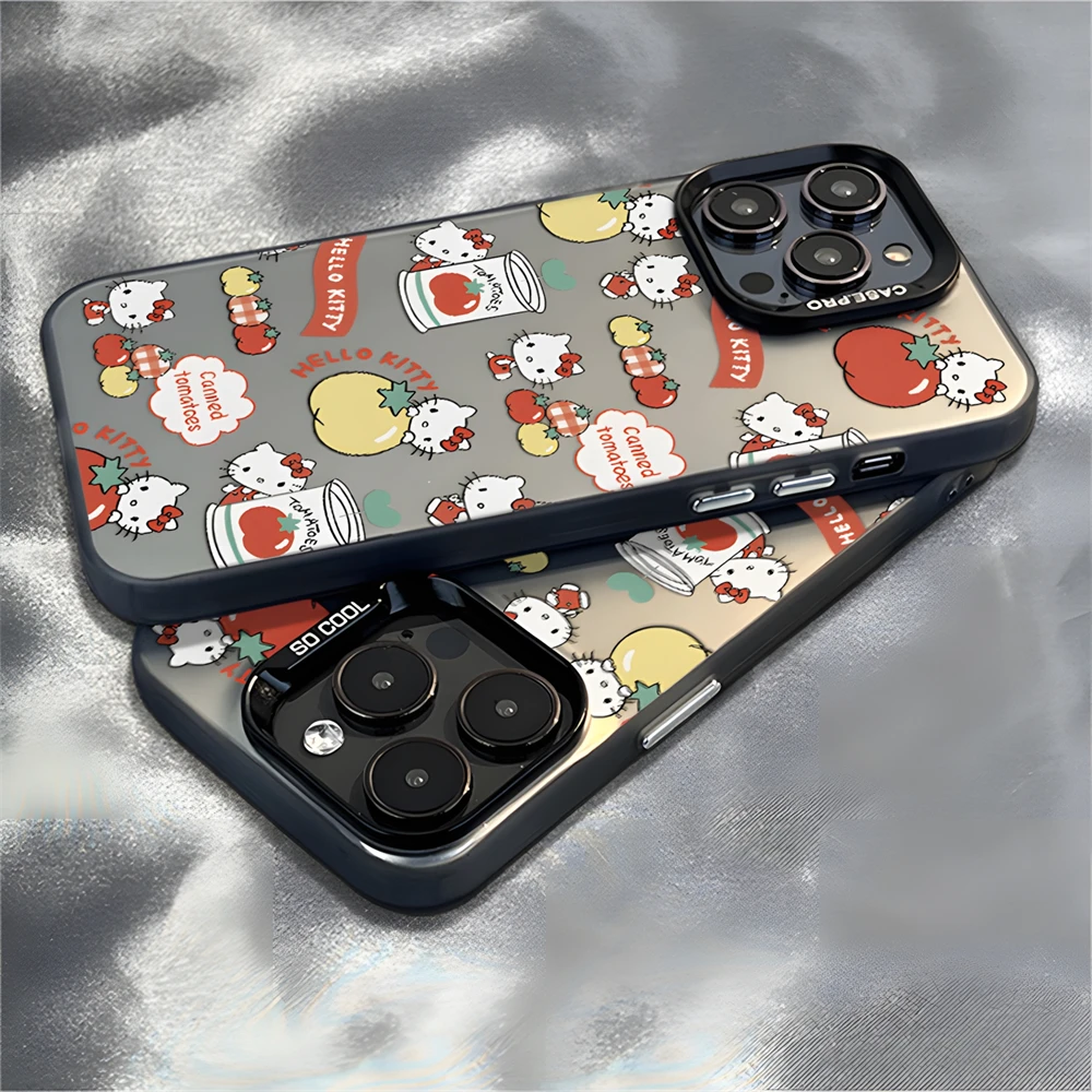 Cute Sanrio Hello Kitty and Tomato Phone Case for iPhone 16 11 12 13 14 15 Pro Max XR 8 Plus Dual Layer Hard Plastic Matte Cover