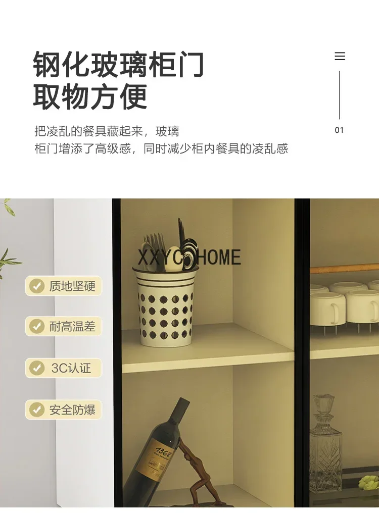 Double Door Storage Organizer Brown Glass Cabinet Household Restaurant Solid Wood Light Luxury Wall Sideboard Cabinet