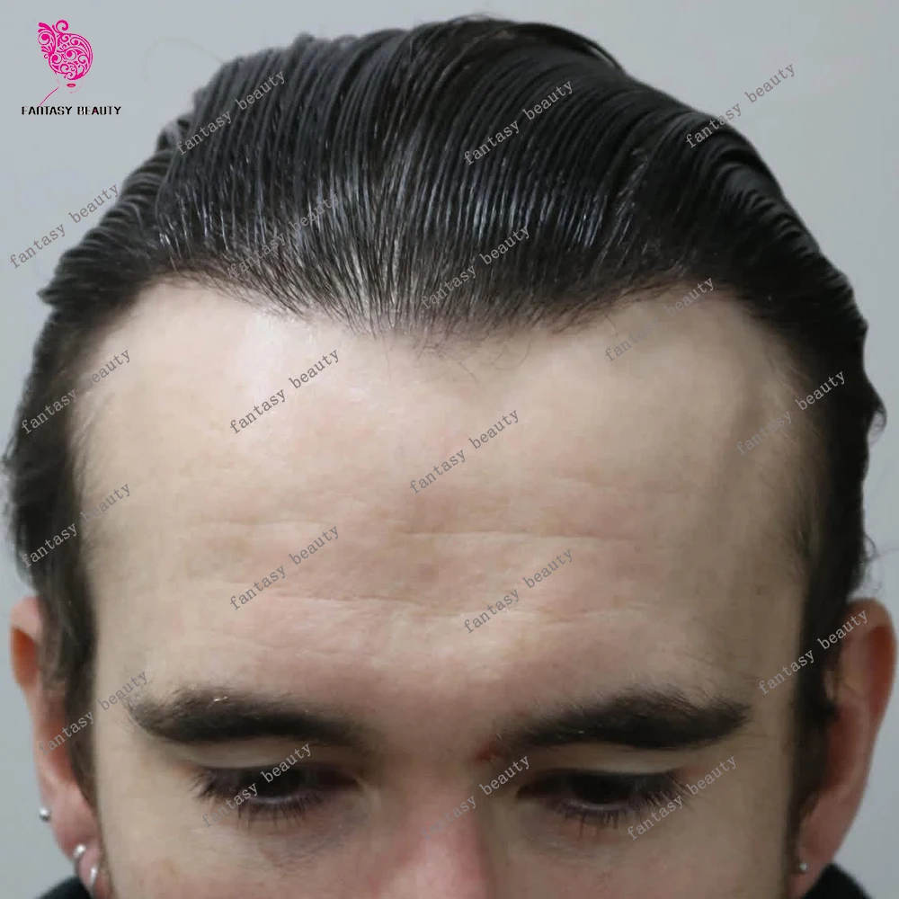 

Невидимый мужской парик-накладка из натуральных волос Jet Black с ультратонкой линией роста волос, плотность 80%, толщина 0.02 мм, технология V-Loop